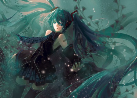 underneath - vocaloid, anime, water, miku, plant