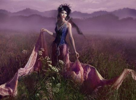 Beautiful lady - creative imagination, dress, lilac, beauty, flower, jackii, fantasy, lady, purple, fairy, field