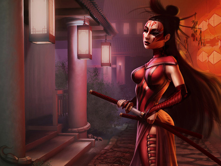 fantasy-asian - anime, red, girl, sword, lamp, hero, hair, other