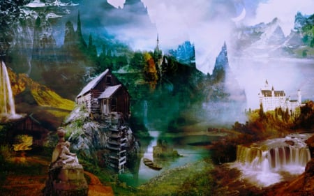 Antiquity - mountains, castles, boat, waterfall, collage, cabin