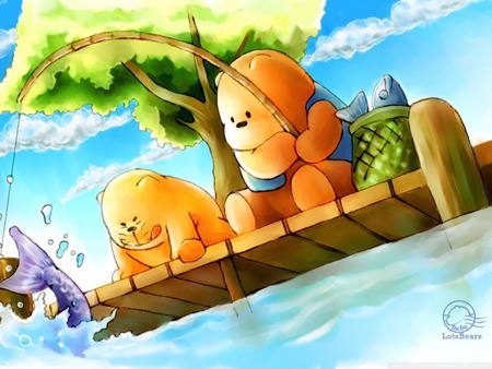 Take an afternoon break - bear, tiger, cute, river, fish, drawing, abstract, blue