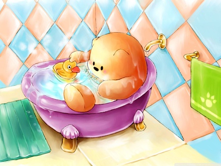 Bath with duck - bear, abstract, duck, drawing, cute, bath