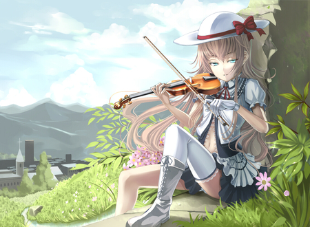 Shiokonbu - skirt, sky, hat, ribbons, long hair, instrument, boots, original, gloves, brown hair, green eyes, shiokonbu, flowers, grass, dress