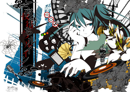 Hatsune Miku - virtual, miku, vocaloids, song, cd, dj, singer, cool, awesome, vocaloid, anime, twintail, clouds, aqua hair, colors, hatsune, black, cute, fan, guitar, beautiful, girl, abstract, anime girl, white, web, colorful, program, aqua eyes, artistic, pretty, aqua, beauty, art, diva, spider, nice, idol, contrast, music, hatsune miku