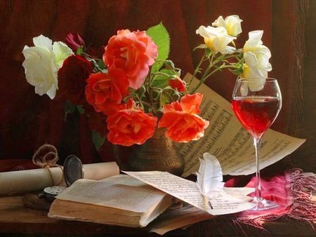 Natures gifts - white, roses, red, music, feather, book, wine