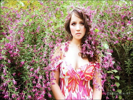 Beautiful Spring - flowers, cascades, woman, flowered dress, green field, pink