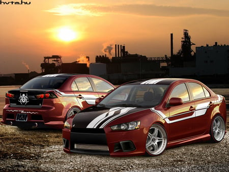 Mitshubishi Lancer - cars, tuning, sunset, red