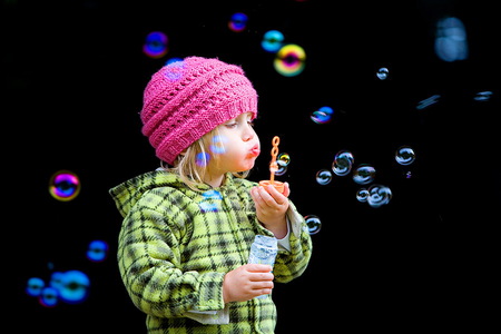 Simple pleasures - fun, colors, green jacket, pink hat, little girl, bubbles