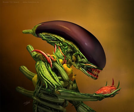 ALIEN  FOOD  SALAD  PAINTING - food, paint, veg, alien