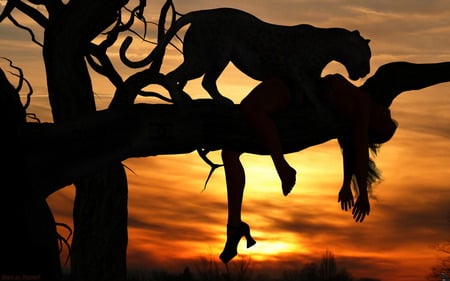 BEAST HUNTS BEAUTY - victim, branch, girl, silhouette, tiger, beast, tree, hunt, animal, sunset