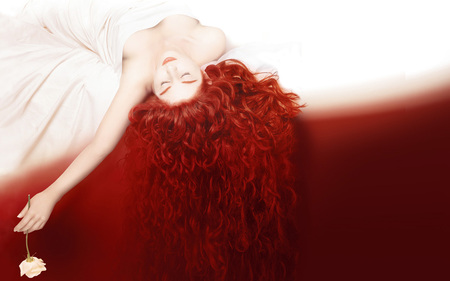 red head on a bed - red, rose, pretty, beauty, model, female