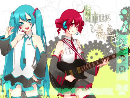 Hatsune Miku & Kasane Teto - thighighs, aqua, guitar, headset, music, anime girl, white, art, yellow, cool, teto, aqua eyes, artistic, hatsune miku, skirt, song, red hair, vocaloids, program, vocaloid, beautiful, uniform, blush, diva, beauty, kasane teto, nice, twintail, singer, aqua hair, black, virtual, red eyes, pretty, kasane, idol, anime, green, miku, cute, girl, hatsune, abstract, microphone, red, headphones, tie, awesome, gears