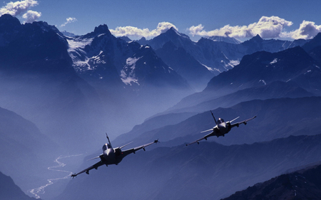 passing planes - sky, mountains, fast, clouds, aircraft, flight, airplanes