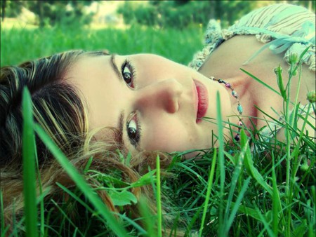 Girl in Grass - girl, in grass, picture, beautiful