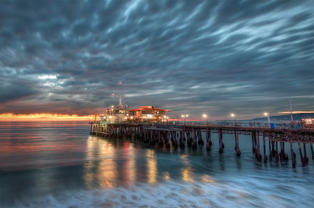 Santa Monica at sunset - clouds, water, blue, santa monica pier, ocean, reflection, popular, glow, sunset, lights, places, hdr, dusk, sun, sky, bridge