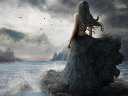 The Dream Is Over - storm, clouds, ocean, dark, fantasy, grey, woman, black dress, sky