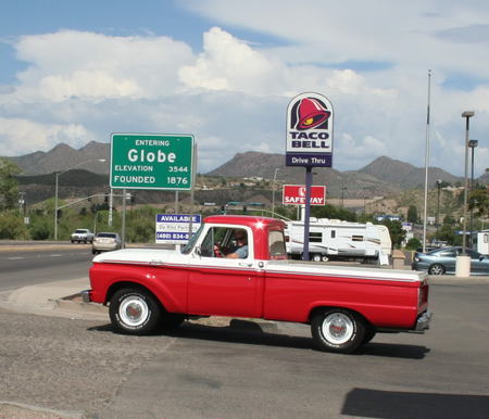 Entering Globe AZ - town, road, mine, truck