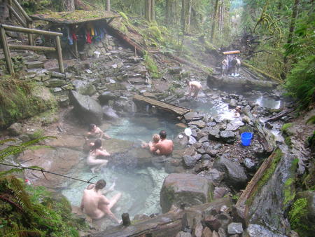 Cougar hot springs - play, people, bathing, rocks