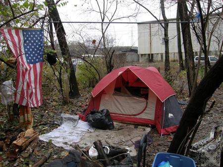 Veterans camp - house, man, tree, flag, tent, life