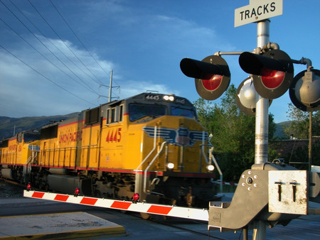 I hear a train coming - crossing, train, track, sky