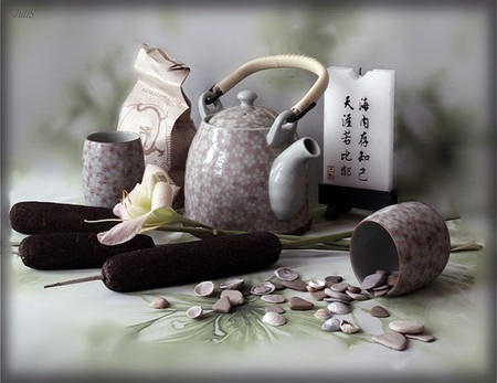 China set - writings, pebbles, chinese, china, kettle, teapot, bag, slate, characters, nature, creamer, asian, cup