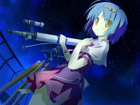 Wish upon a shooting star - skirt, stars, girl, night, wish upon a shooting star, starry sky, telescope, blue hair, star, kawaii, hoshizora no memoria, schoolgirl, cute, short hair