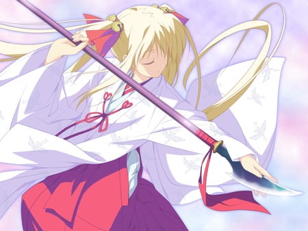 Wish upon a shooting star - girl, blonde, hoshizora no memoria, kimono, long hair, wish upon a shooting star, gamecg, ribbon, spear, yellow hair