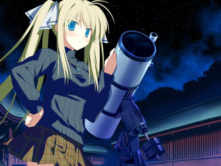 Wish upon a shooting star - trees, kawaii, skirt, starry sky, girl, blonde, hoshizora no memoria, night, long hair, tree, wish upon a shooting star, telescope, cute, yellow hair, blue eyes, schoolgirl