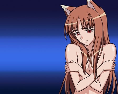 Holo - girl, long hair, wolf, horo, red eyes, wolf girl, spice and wolf, orange hair, holo, blue backround