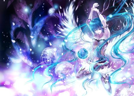 Angel Miku - aqua, hot, angel, music, thighhighs, wings, anime girl, shine, art, purple, cool, array, aqua eyes, radical, artistic, hatsune miku, sexy, skirt, light, smoke, song, majestic, orb, vocaloids, program, glow, vocaloid, pink, beautiful, contrast, diva, dress, beauty, nice, twintail, singer, aqua hair, virtual, painting, pretty, clouds, idol, anime, miku, cute, planet, angel miku, feathers, girl, dance, ball, drawing, hatsune, abstract, blue, scenery, awesome, angeloid, shiney