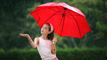 Rainy day - girl, trees, rain, water, nature, umbrella, pink, red, little girl, cute