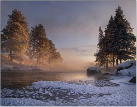 Beautiful winter - landscape, snow, sky, clouds, trees, winter, water, fog, beautiful, sesons, beauty, popular, river, ice, frozen, white, nature, sunset, cold