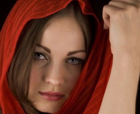 Beautiful Face - woman, scarf, red, beautiful