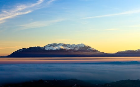 Majella over the Fog - clouds, blue, beautiful, foggy, valley, skies, sunset, nature, mountains