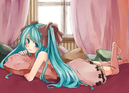 Hatsune Miku - aqua, hot, music, thighhighs, anime girl, curtain, cool, pink dress, aqua eyes, hatsune miku, sexy, pillows, song, vocaloids, program, vocaloid, beautiful, pink, diva, dress, nice, beauty, twintail, singer, aqua hair, virtual, pretty, idol, anime, miku, cute, girl, hatsune, red, awesome