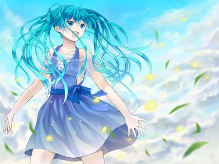 Hatsune Miku - pretty, flowers, nice, belt, program, thighhighs, beauty, virtual, white, green, cute, aqua eyes, song, vocaloid, anime, twintail, dress, hatsune miku, leaves, music, aqua, sky, idol, clouds, beautiful, singer, girl, cool, miku, awesome, diva, aqua hair, hatsune, vocaloids