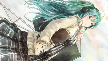 Hatsune Miku - aqua, headset, music, thighhighs, anime girl, white, cool, checkered, hatsune miku, skirt, song, bag, vocaloids, program, vocaloid, beautiful, uniform, diva, nice, beauty, twintail, singer, black, virtual, pretty, idol, anime, miku, cute, girl, school, hatsune, microphone, headphones, awesome