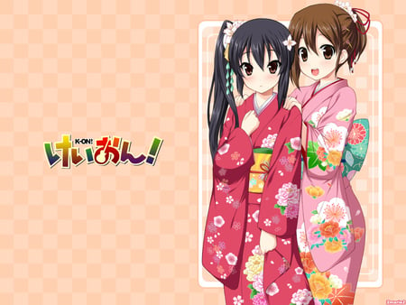 Yui & Azu-nyan K-On! - girls, azusa, year, summer, cherry, traditional, hirasawa, sakura, blossom, keion, kimono, cute, festival, new