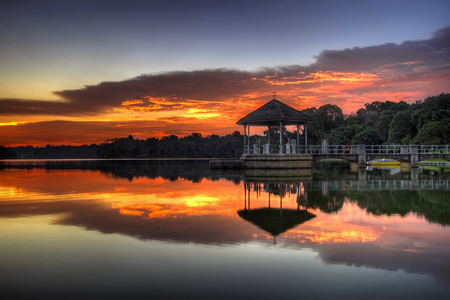 Sunset - reflection, view, gazebo, lake, sky, clouds, trees, water, beautiful, beauty, colors, lovely, colorful, nature, sunset, peaceful, bridge