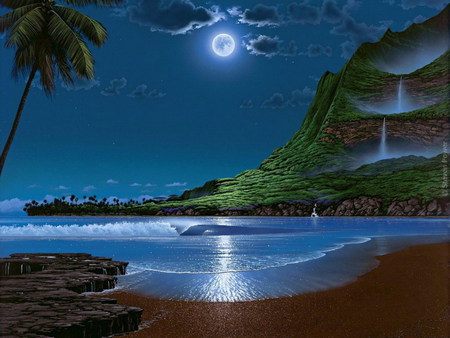 under the moonlight - wicks, moonlit, cliff, waterfall, reflections, reflection, artwork, moonlight, mountain, scenic, cascades, stunning, waves, palmtree, nature, beautiful, seasons, sea, sky, beach, water, mountains, moonlit night, fantasy, creative pre-made, oceans, painting, full moon, clouds, green, paintings, landscapes, attractions in dreams, moon, stewen power, stars, ocean, falls, pastorale, night, summer, waterfalls, bright, love four seasons, blue, scenery