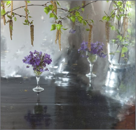 Glass Reflection - blue flowers, glass table, glasses, reflection, beautiful, greens, water, glass bottle