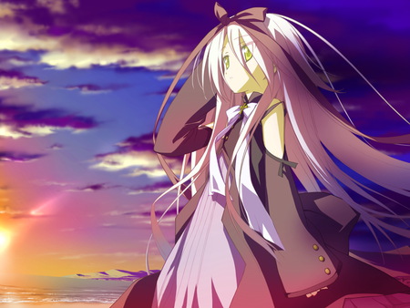 Wish upon a shooting star - yellow eyes, gamecg, sky, sunshine, sunlight, girl, long hair, wish upon a shooting star, kawaii, hoshizora no memoria, cloud, evening, clouds, ribbon, cute