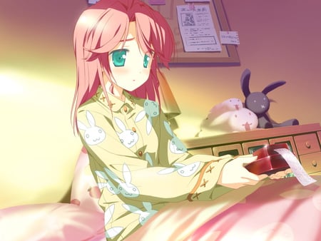 Wish upon a shooting star - bed, room, toy, wish upon a shooting star, aqua eyes, cute, typewriter, pillow, toys, girl, blushing, blue eyes, long hair, note, notes, red hair, kawaii, hoshizora no memoria, blush