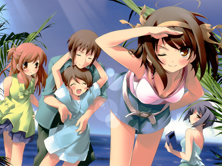 the melancholy of haruhi suzumiya - anime, girls, beach, guy