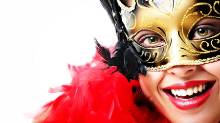 Woman In Mask - pretty, photography, gold, lovely, sweet, smile, white, lady, gorgeous, mask, red, woman, feathers