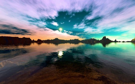 BETWEEN HEAVEN & EARTH - sky, clouds, colorful, water, sunset, mountains