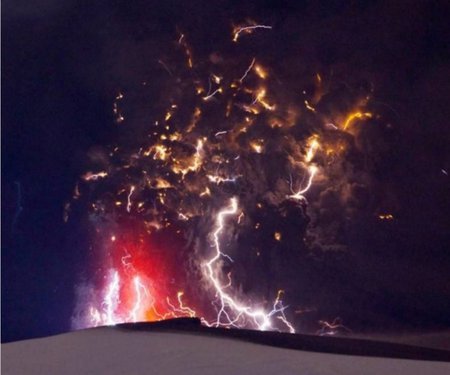 lightning during an eruption - sky, eyjafjallajokull, volcano, night