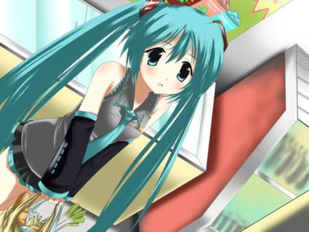 Shopping - aqua, thighhighs, music, anime girl, leek, white, cool, camera, hatsune miku, skirt, song, vending machine, vocaloids, program, vocaloid, beautiful, uniform, blush, diva, beauty, nice, twintail, aqua hair, singer, black, virtual, pretty, store, idol, anime, miku, cute, shopping, girl, hatsune, bags, counter, negi, red, tie, awesome