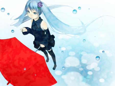 Hatsune Miku - aqua, tears, music, thighhighs, anime girl, white, cool, umbrella, aqua eyes, hatsune miku, skirt, song, vocaloids, program, vocaloid, beautiful, uniform, diva, nice, beauty, water, twintail, singer, aqua hair, black, melt, virtual, pretty, idol, anime, miku, cute, girl, rain, hatsune, red, tie, awesome, flower