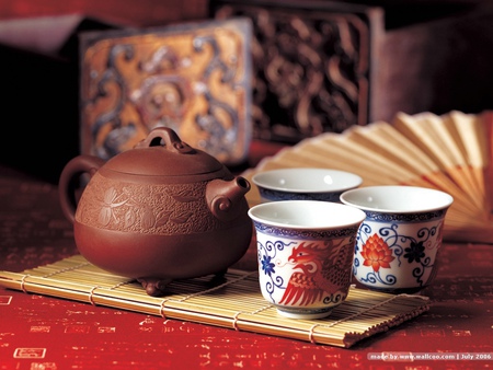 Chinese Art of Tea - decoration, beautiful, 3 teacups, brown teapot, red table